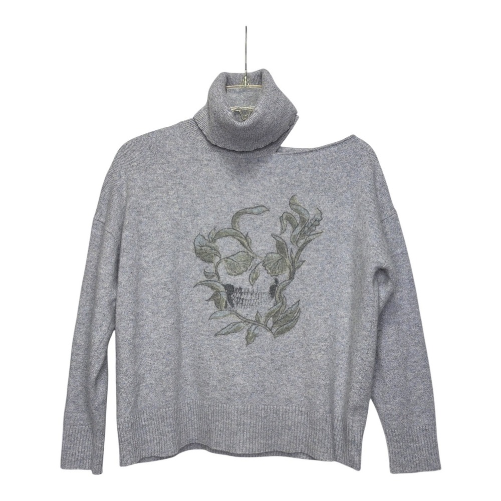 Skull‎ Cashmere Grey 100% Cashmere Cold Shoulder Turtleneck Skull Sweater Size M